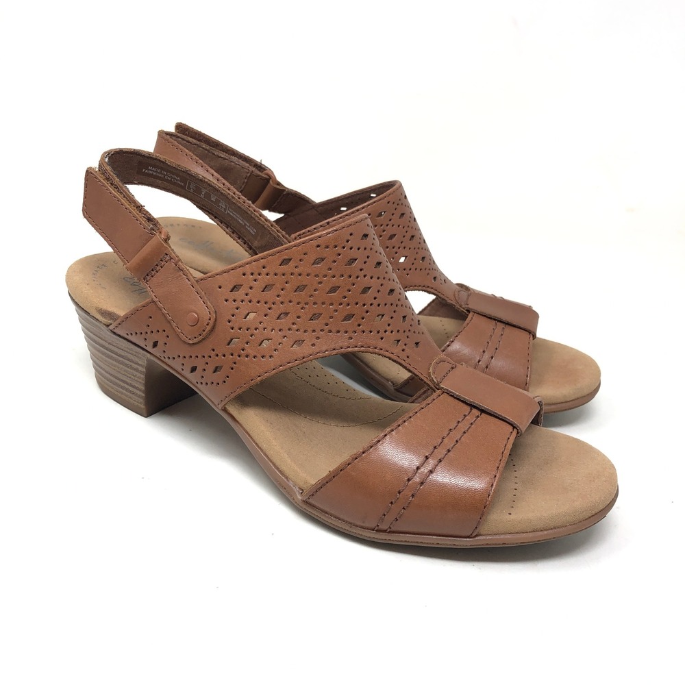 Clarks Womens 8 Sandal Valerie Mindi Brown Leather Perforated Block Heel